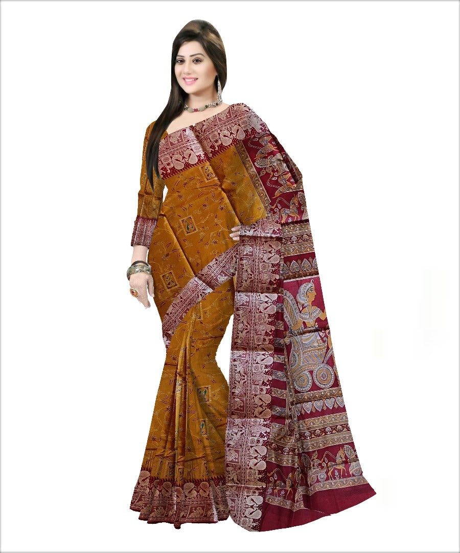 Pradip Fabrics Woven Yellow and Maroon color  Pure Silk Saree