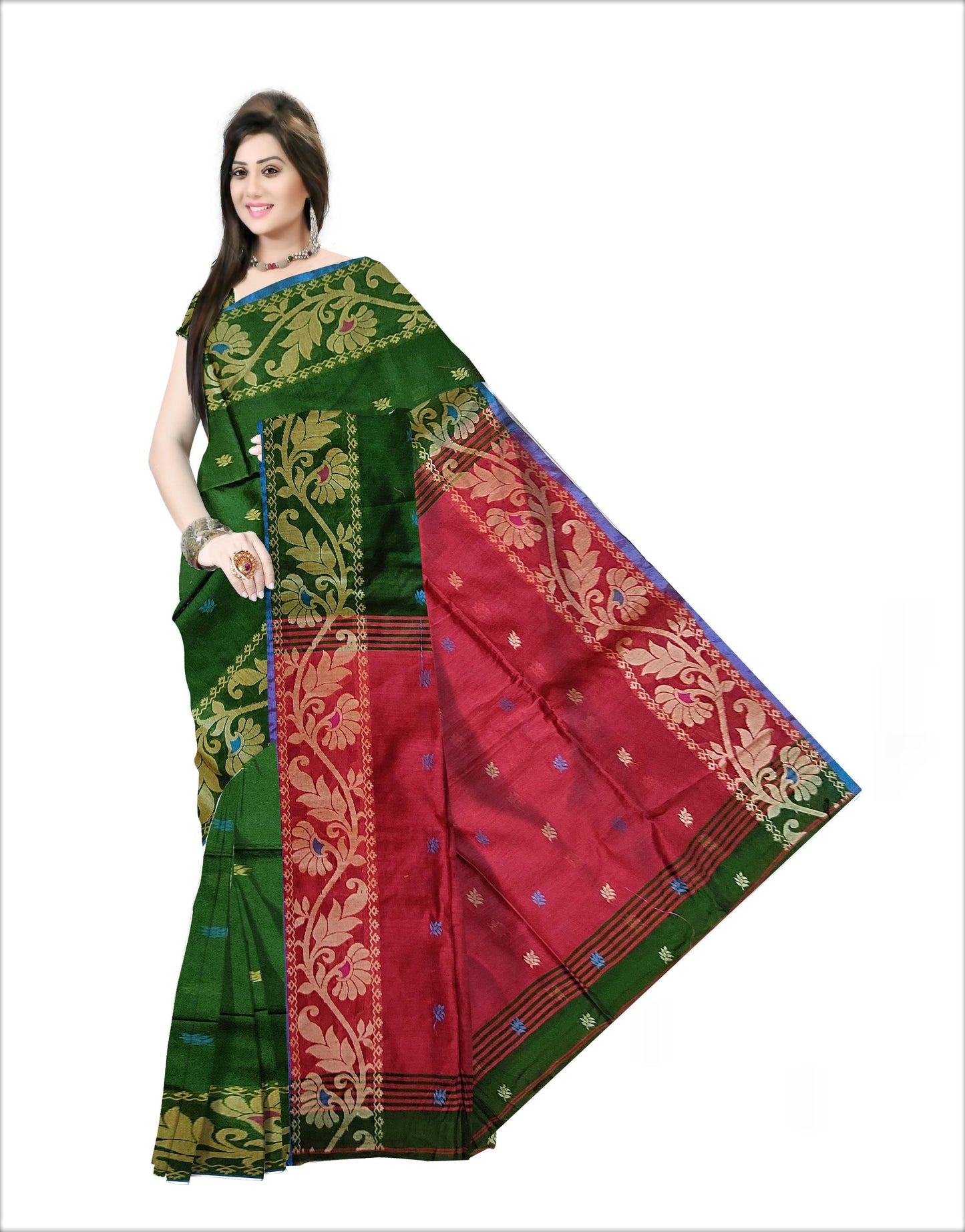 Pradip Fabrics Woven Dark Green and Red Color Soft Handloom Saree