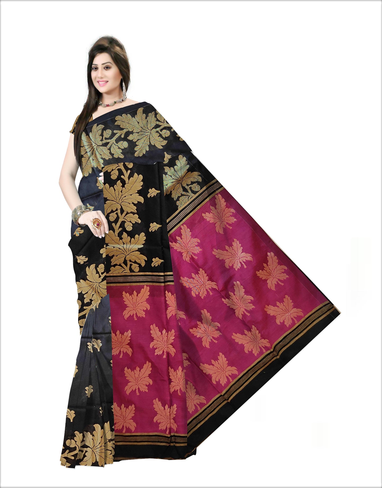 Pradip Fabrics Woven Soft Handloom cotton Black & pink Color Saree