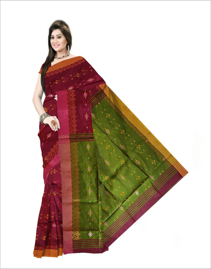 Pradip Fabrics Woven Soft Handloom Green & Maroon  Color Saree