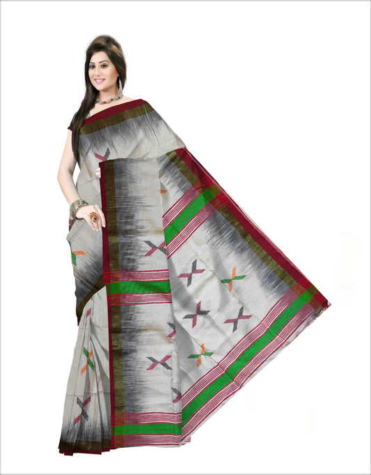 Pradip Fabrics Woven White , Red  & Black color Pure Soft Tissue Handloom Saree