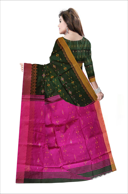 Pradip Fabrics Woven Soft Handloom  Green & Deep pink Color Saree