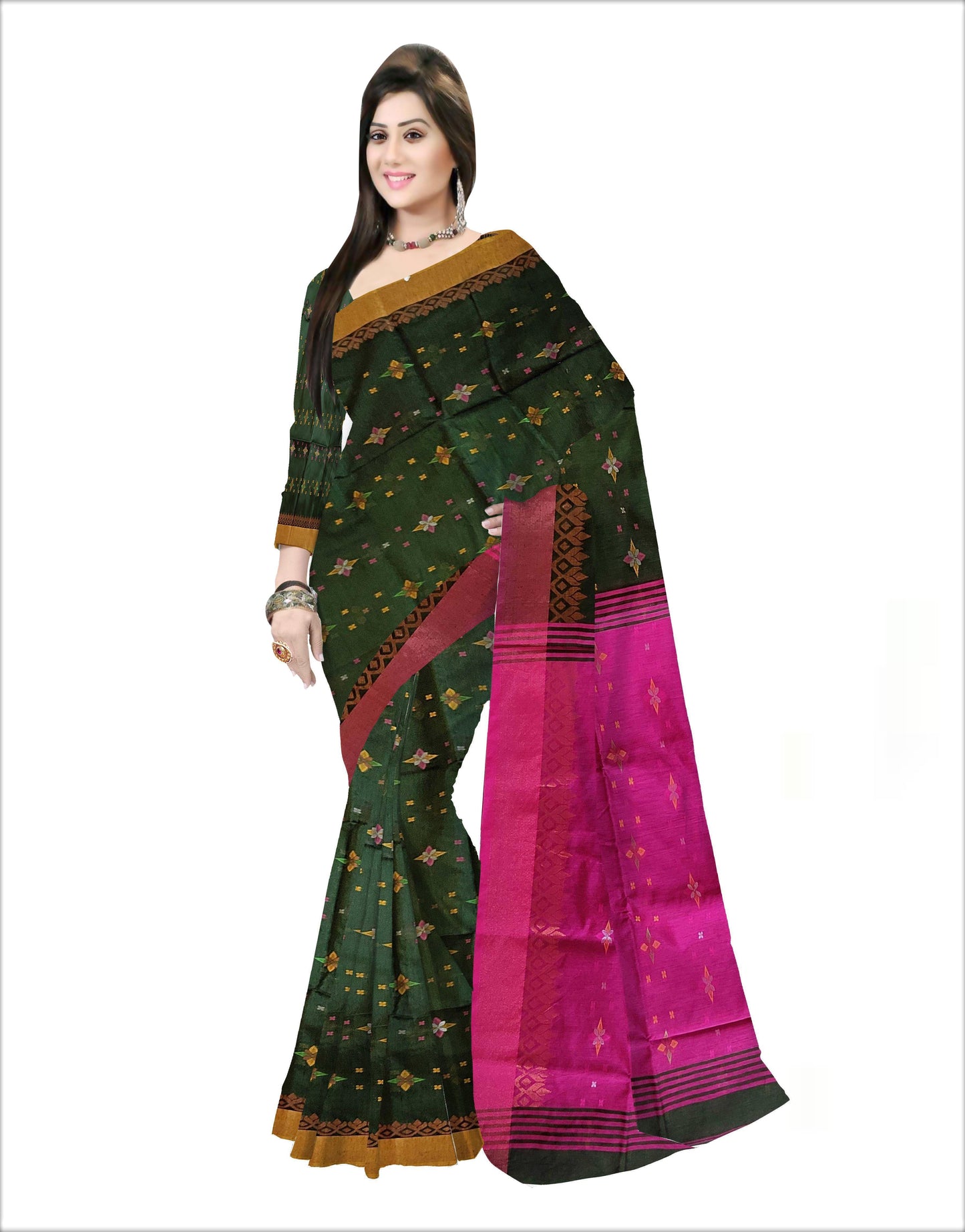 Pradip Fabrics Woven Soft Handloom  Green & Deep pink Color Saree