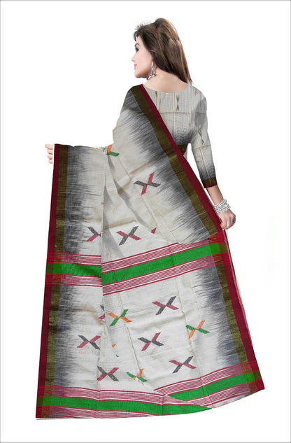 Pradip Fabrics Woven White , Red  & Black color Pure Soft Tissue Handloom Saree