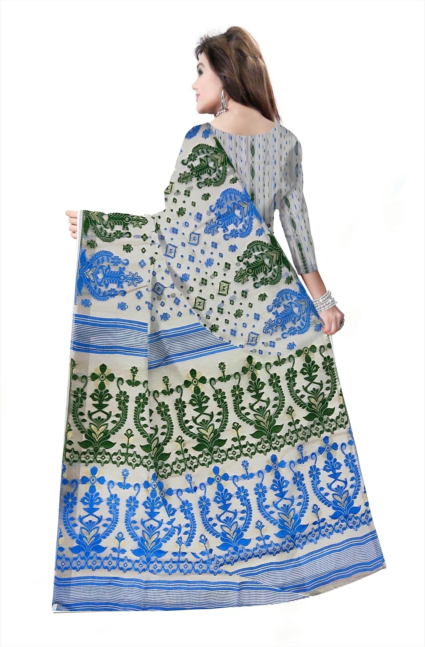 Pradip Fabrics Ethnic Woman's Tant Dhakai Jamdani Cream Color Saree
