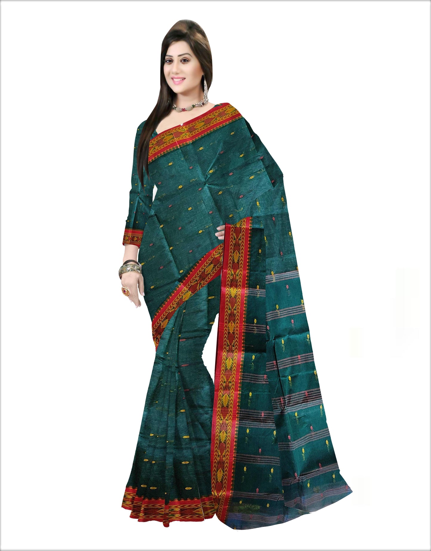 Pradip Fabrics Woven Deep Green color  Pure Tant cotton  Saree