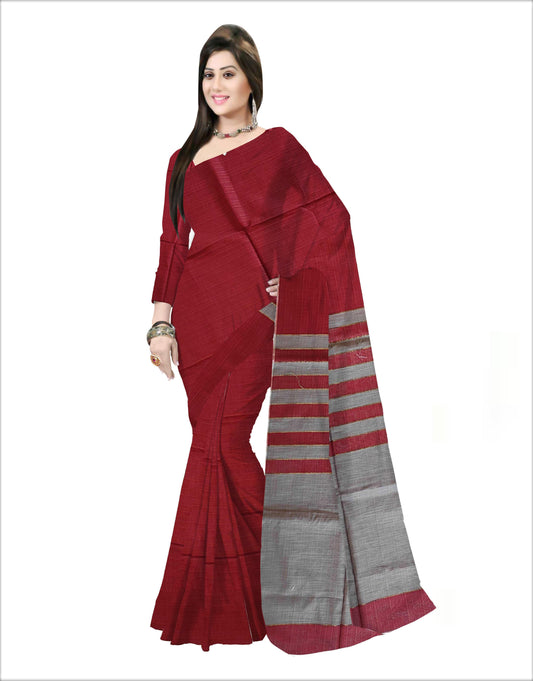 Pradip Fabrics Woven Soft Pure Cotton Handloom Grey  & Red Color Saree