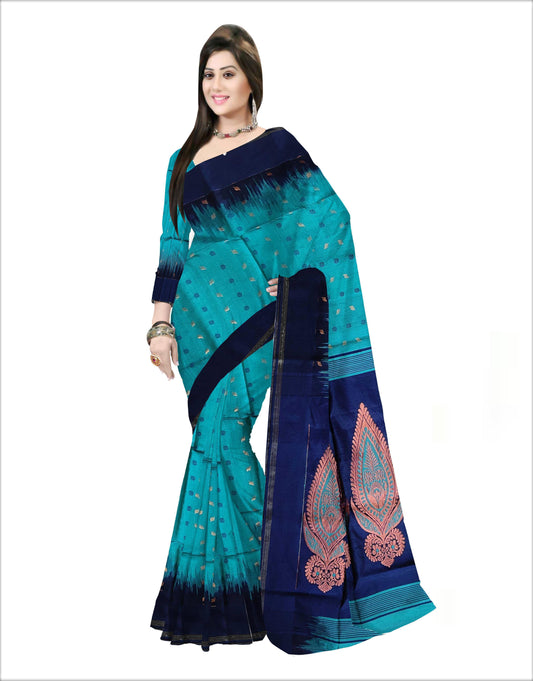 Pradip Fabrics Woven Sea green  and Blue color Soft Handloom Saree
