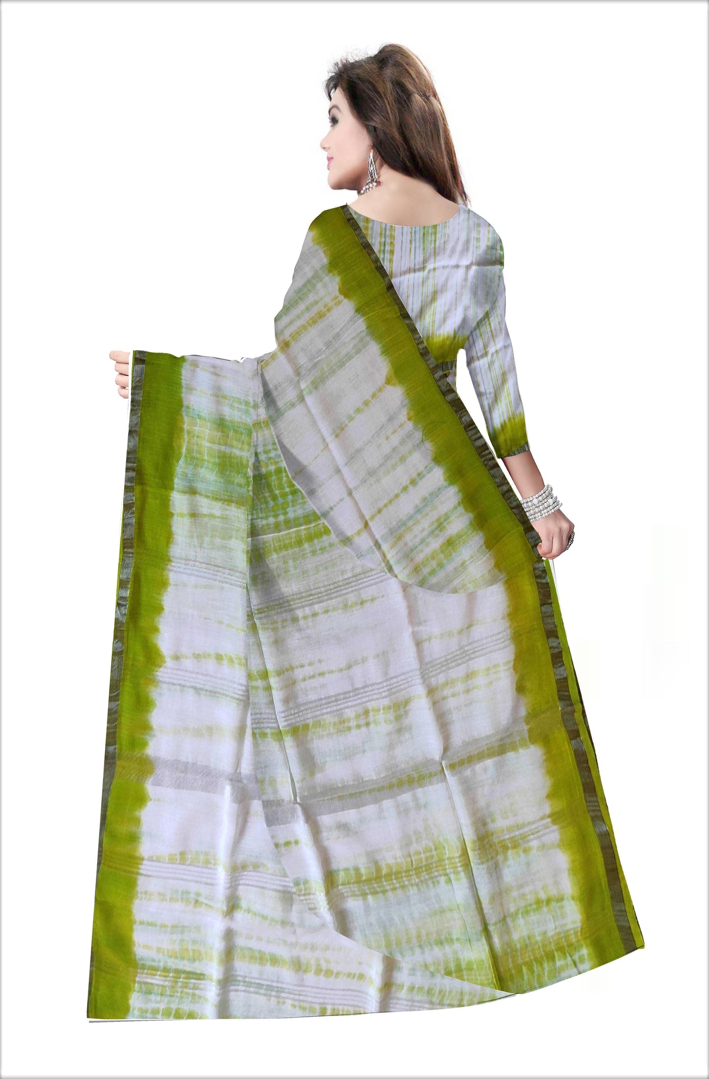 Pradip Fabrics Woven  Green and white Color  Pure viscous Soft  khadi Print Handloom Saree