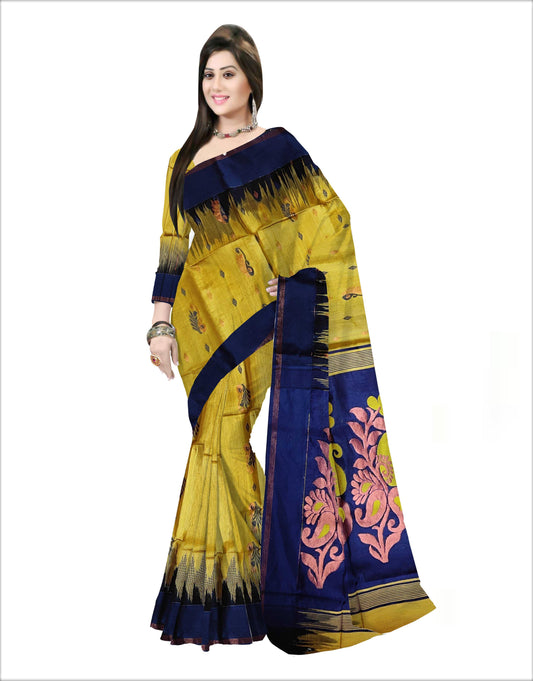 Pradip Fabrics Woven Yellow and Blue color Soft Handloom Saree