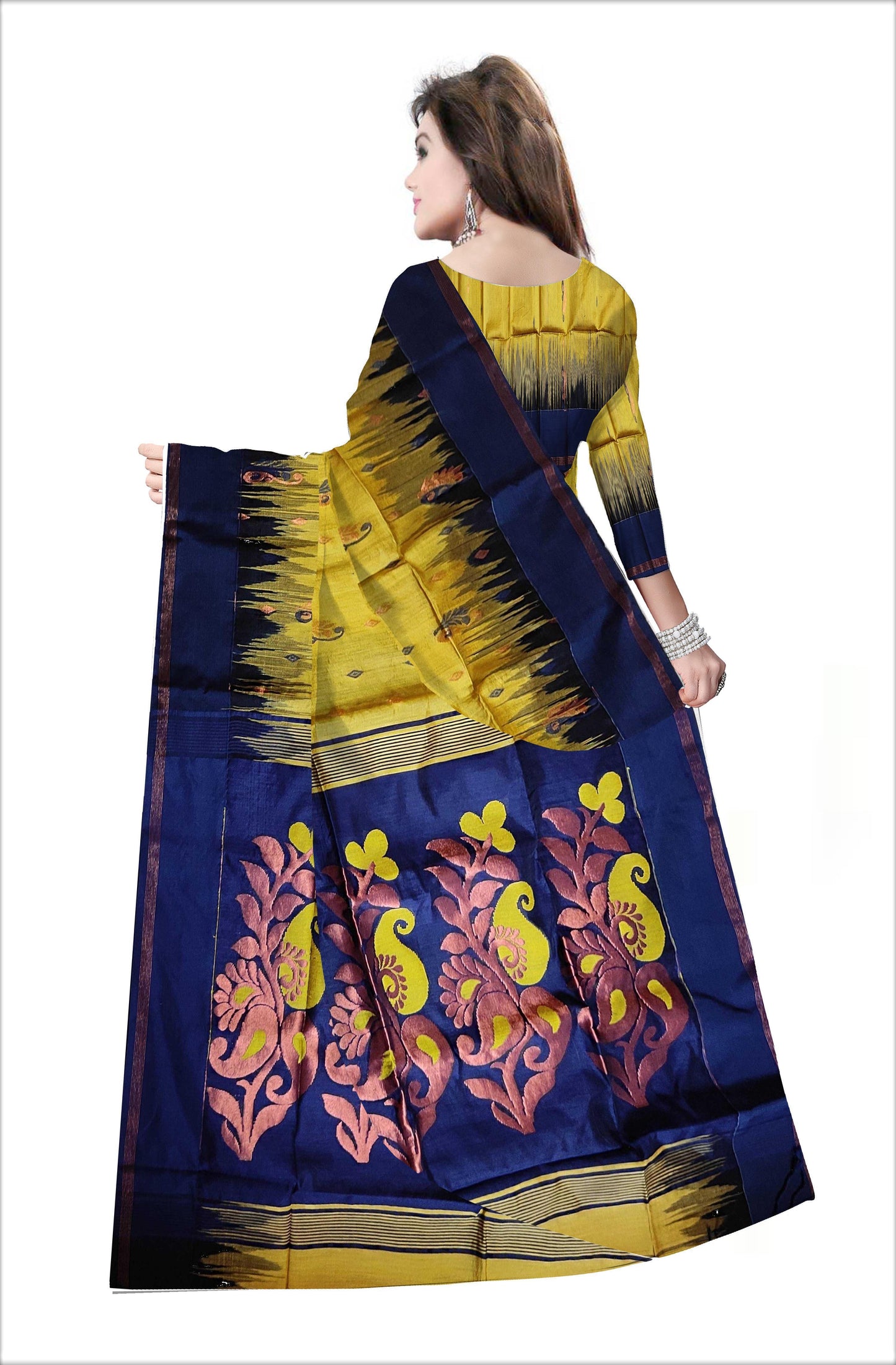 Pradip Fabrics Woven Yellow and Blue color Soft Handloom Saree