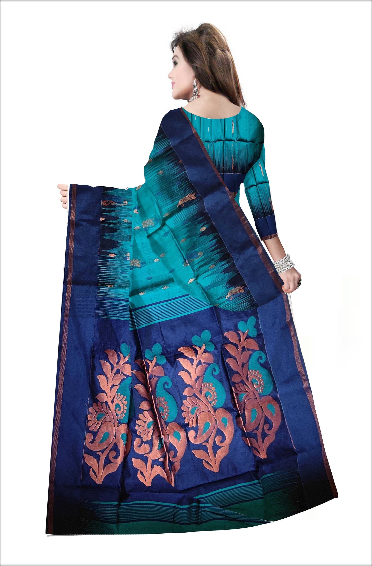 Pradip Fabrics Woven Deep sea green and Blue color Soft Handloom Saree