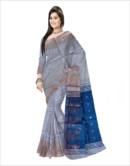 Pradip Fabrics Woven light Grey & Sky Blue color Pure Soft Handloom Saree