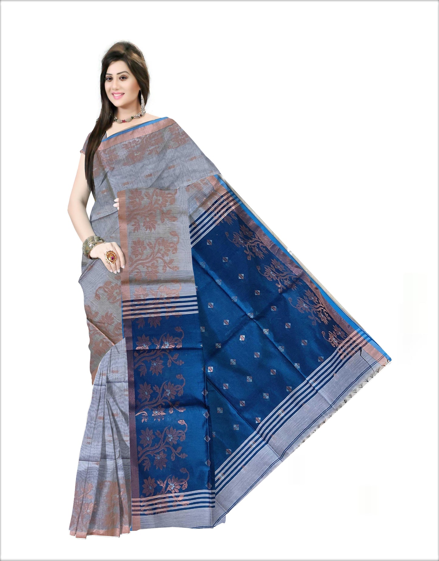 Pradip Fabrics Woven light Grey & Sky Blue color Pure Soft Handloom Saree