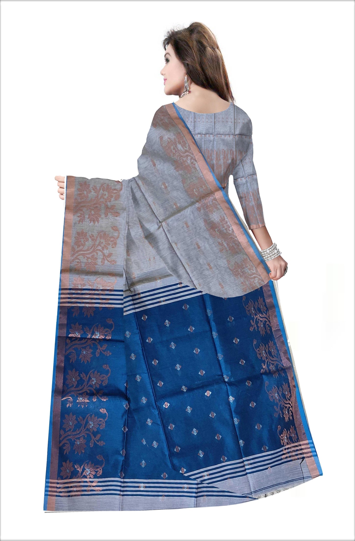 Pradip Fabrics Woven light Grey & Sky Blue color Pure Soft Handloom Saree