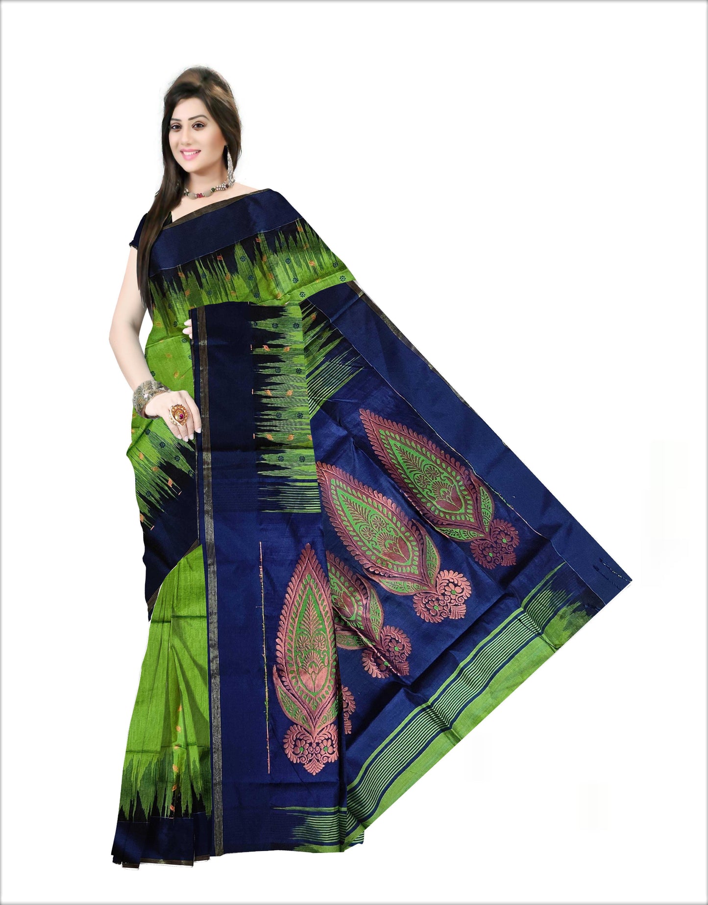 Pradip Fabrics Woven Green and Blue color Soft Handloom Saree