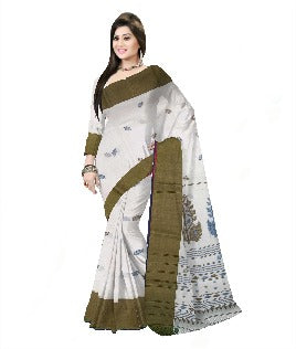 Pradip Fabrics Woven Tant Pure Cotton Saree (white& Dark green )
