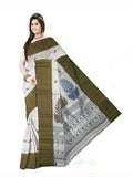 Pradip Fabrics Woven Tant Pure Cotton Saree (white& Dark green )