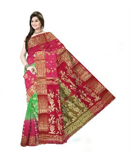 Pradip Fabrics Ethnic Women's Tant Silk green and Red Color Saree