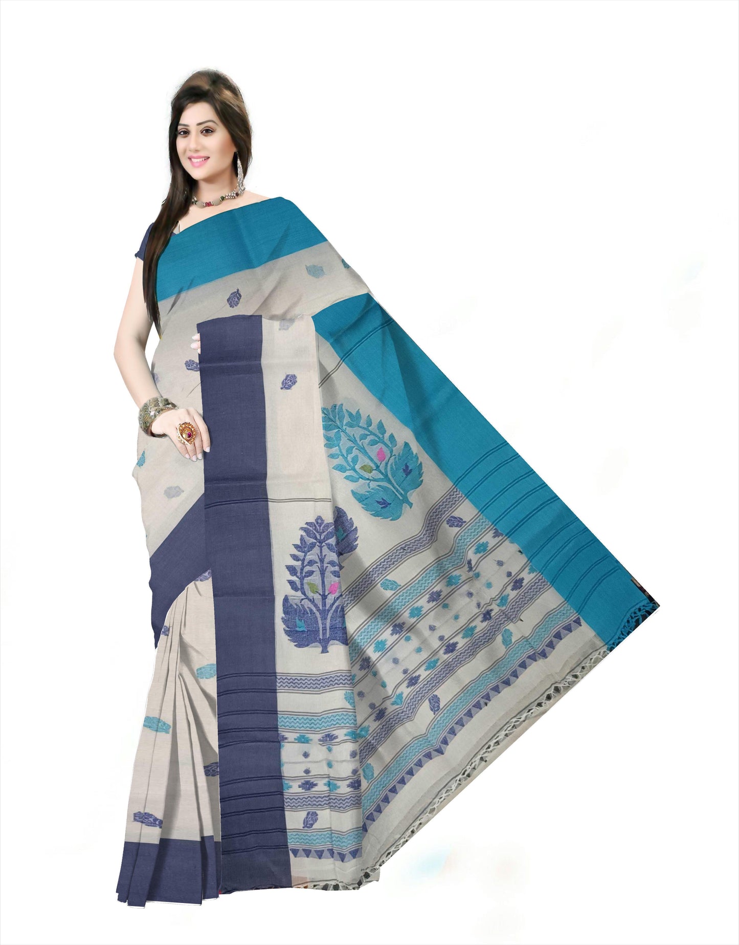 Pradip Fabrics Woven Tant Pure Cotton Saree (sky blue & blue)