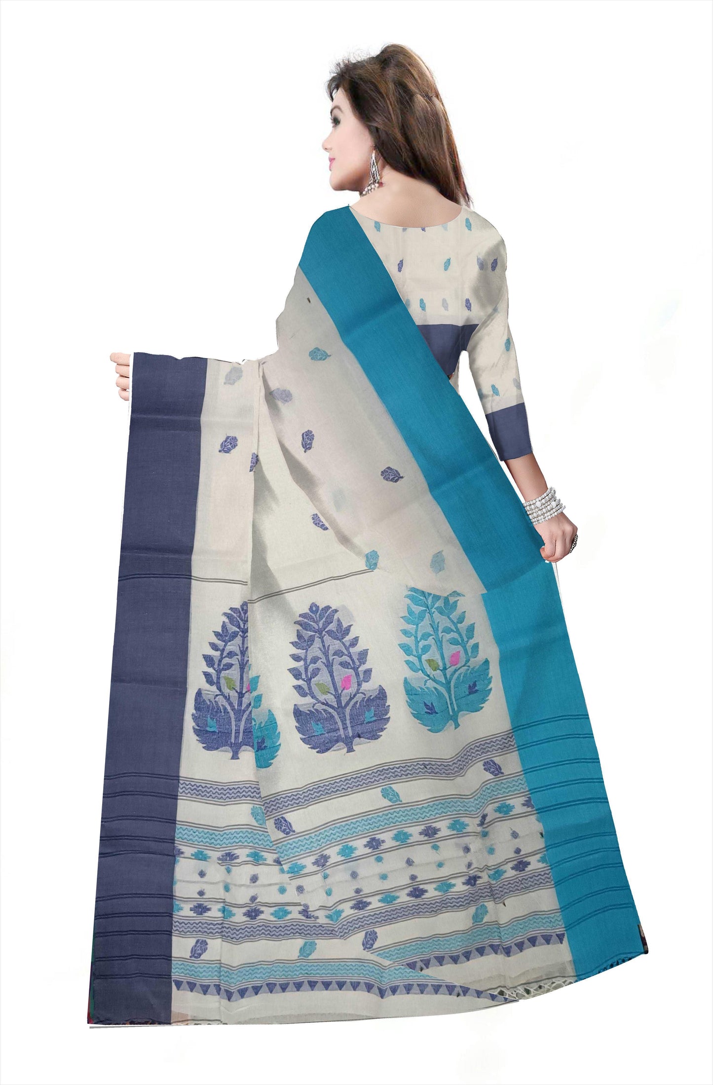 Pradip Fabrics Woven Tant Pure Cotton Saree (sky blue & blue)