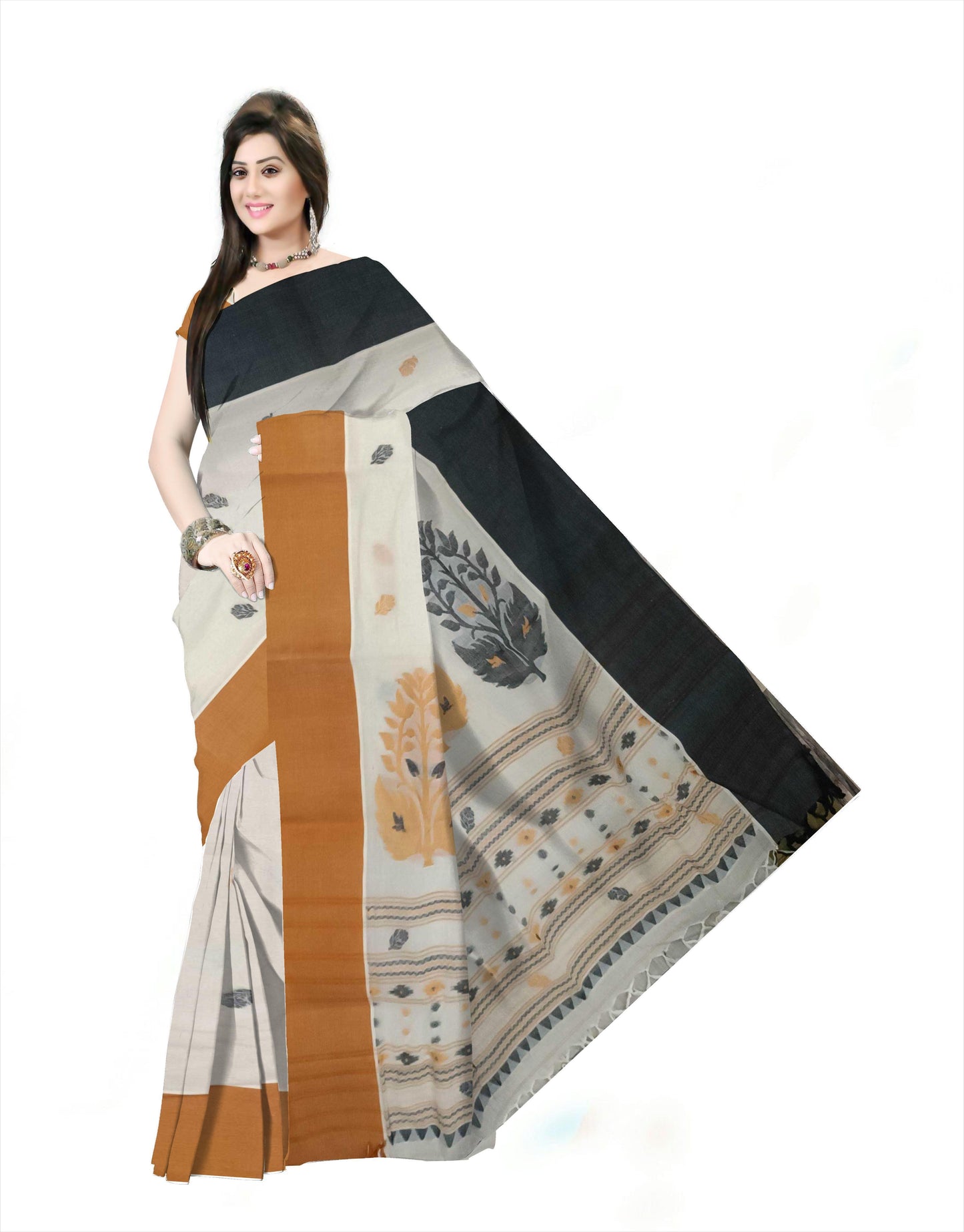 Pradip Fabrics Woven Tant Pure Cotton Saree (white, blue & yellow )