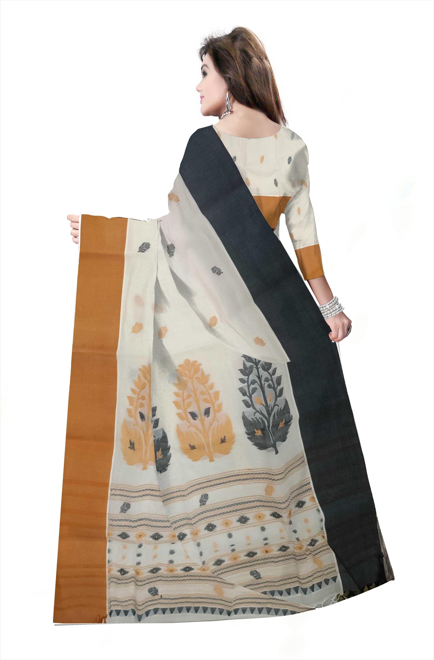 Pradip Fabrics Woven Tant Pure Cotton Saree (white, blue & yellow )