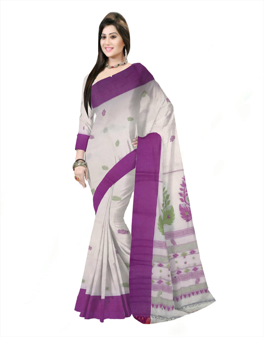 Pradip Fabrics Woven Tant Pure Cotton Saree (white &purple)