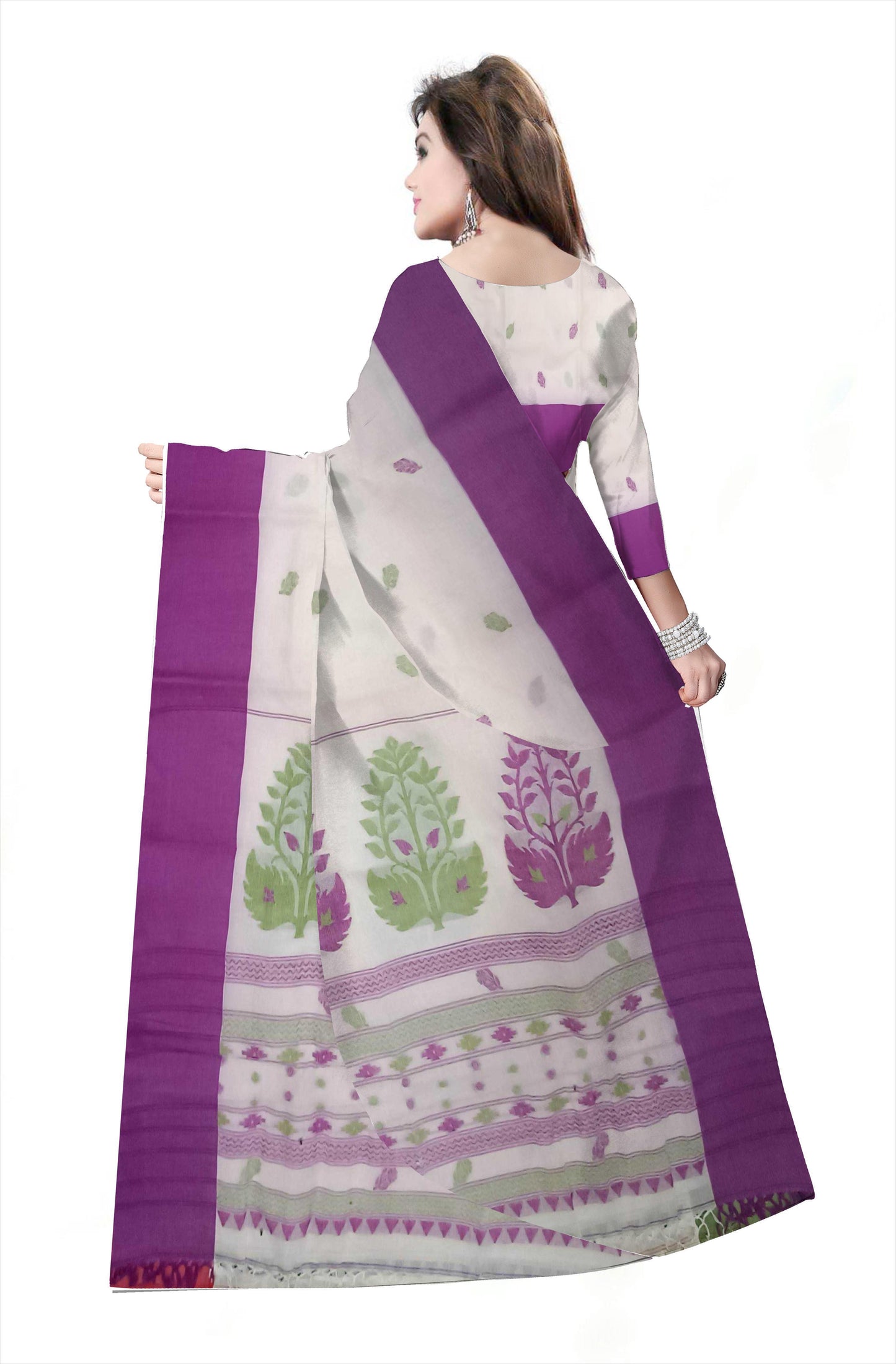 Pradip Fabrics Woven Tant Pure Cotton Saree (white &purple)