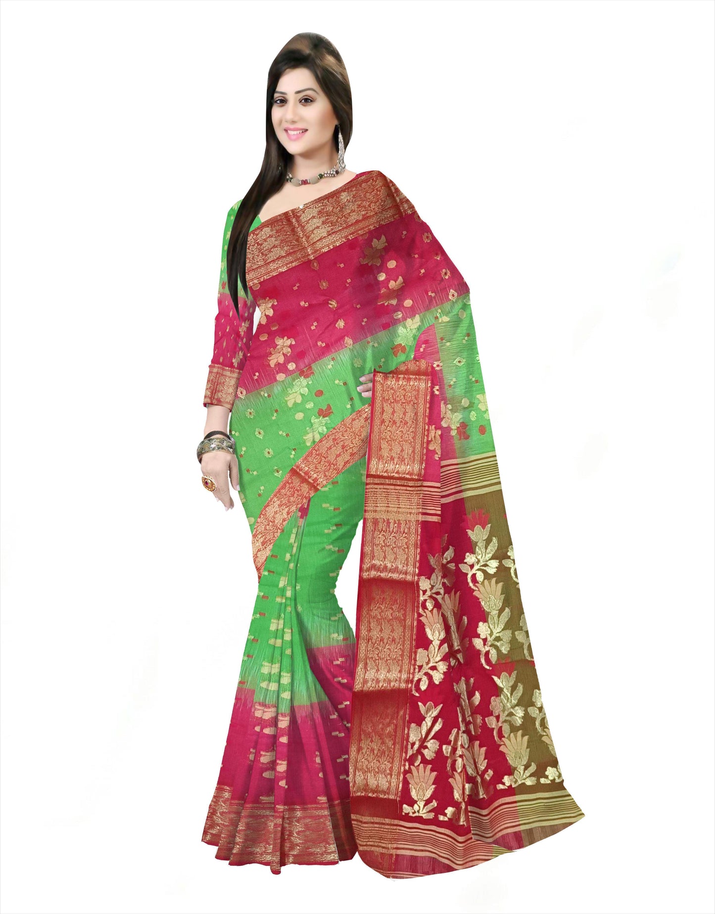 Pradip Fabrics Ethnic Women's Tant Silk green and Red Color Saree