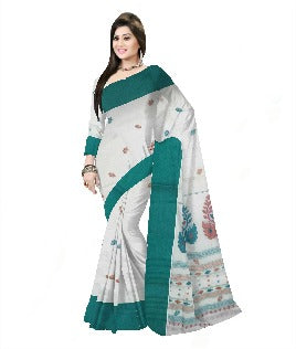 Pradip Fabrics Woven Tant Pure Cotton Saree (white& sea green )