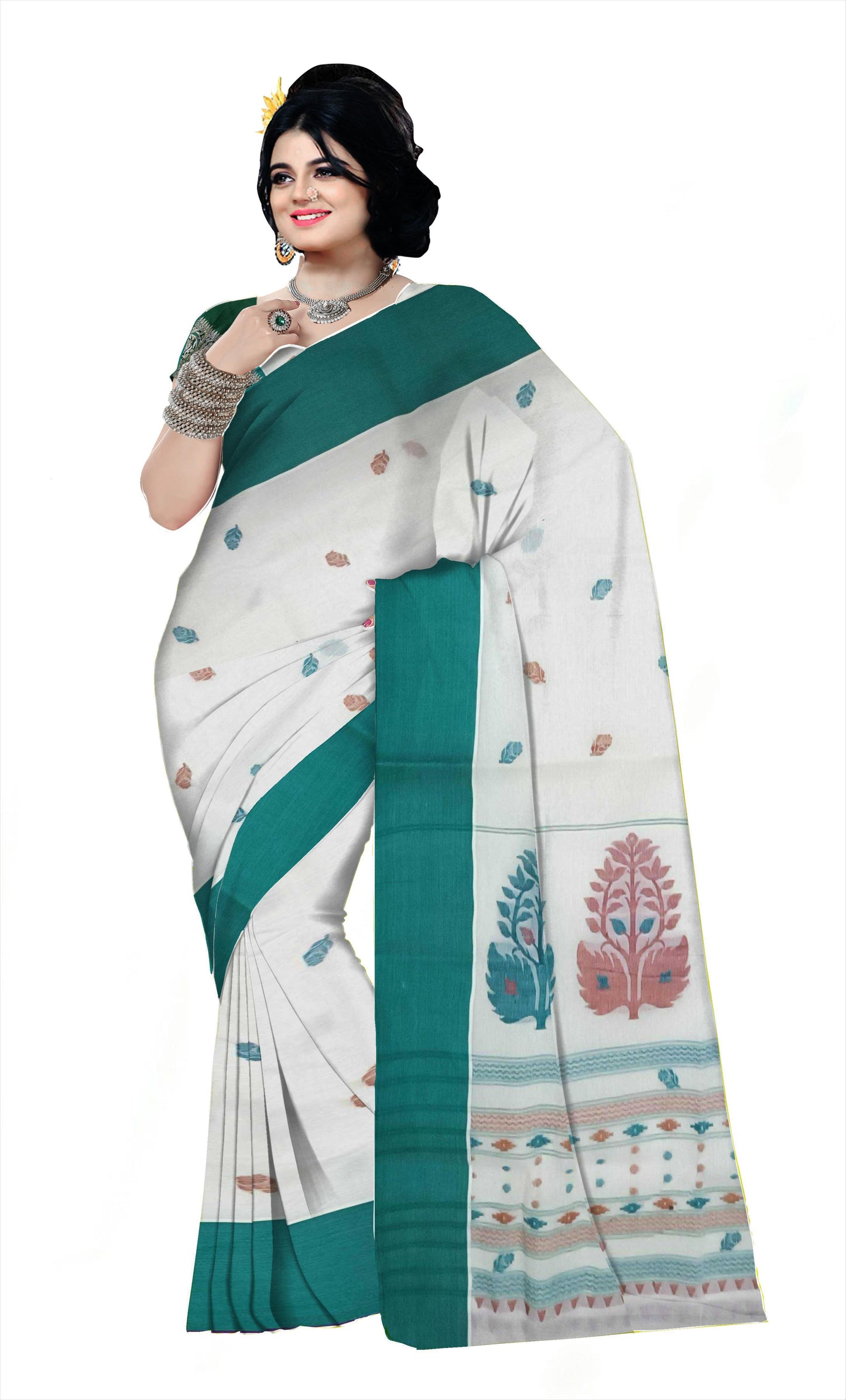 Pradip Fabrics Woven Tant Pure Cotton Saree (white& sea green )