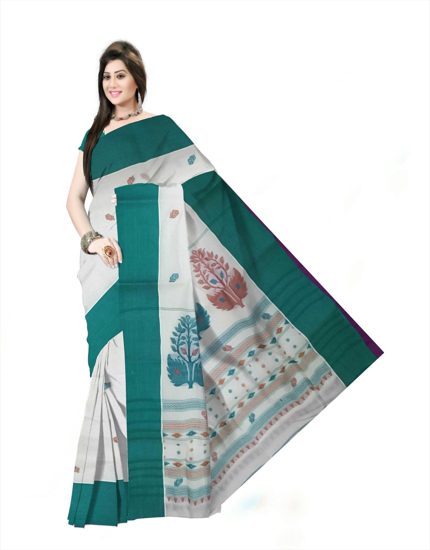 Pradip Fabrics Woven Tant Pure Cotton Saree (white& sea green )