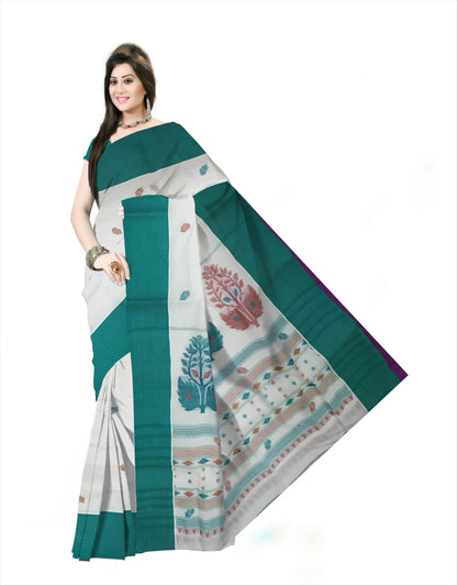 Pradip Fabrics Woven Tant Pure Cotton Saree (white& sea green )