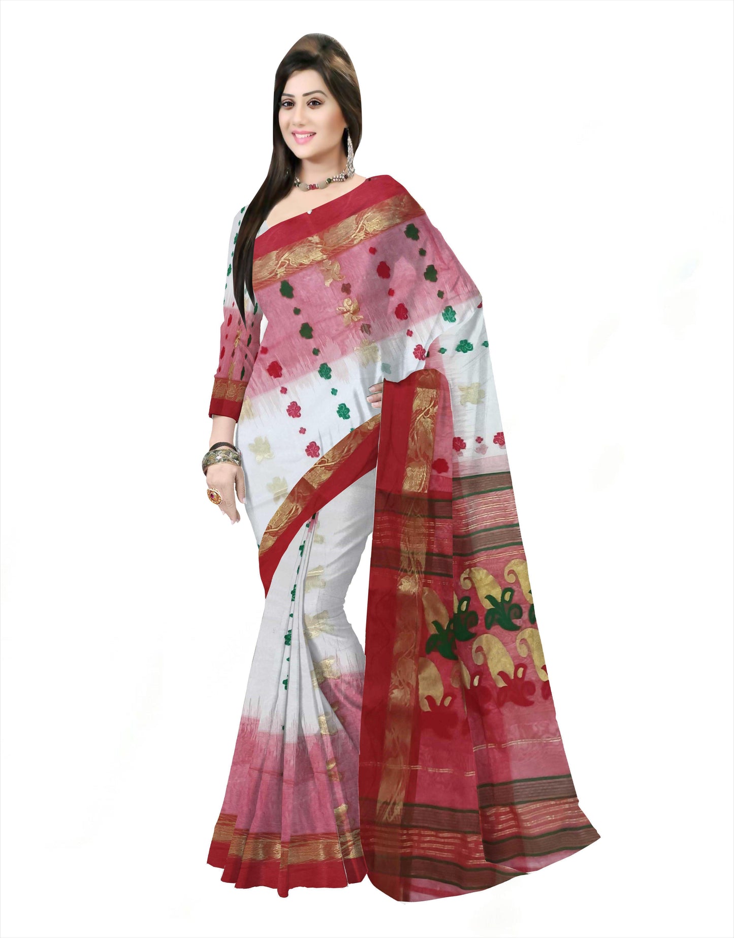 Pradip Fabrics Red and White Tant Silk Blend Saree