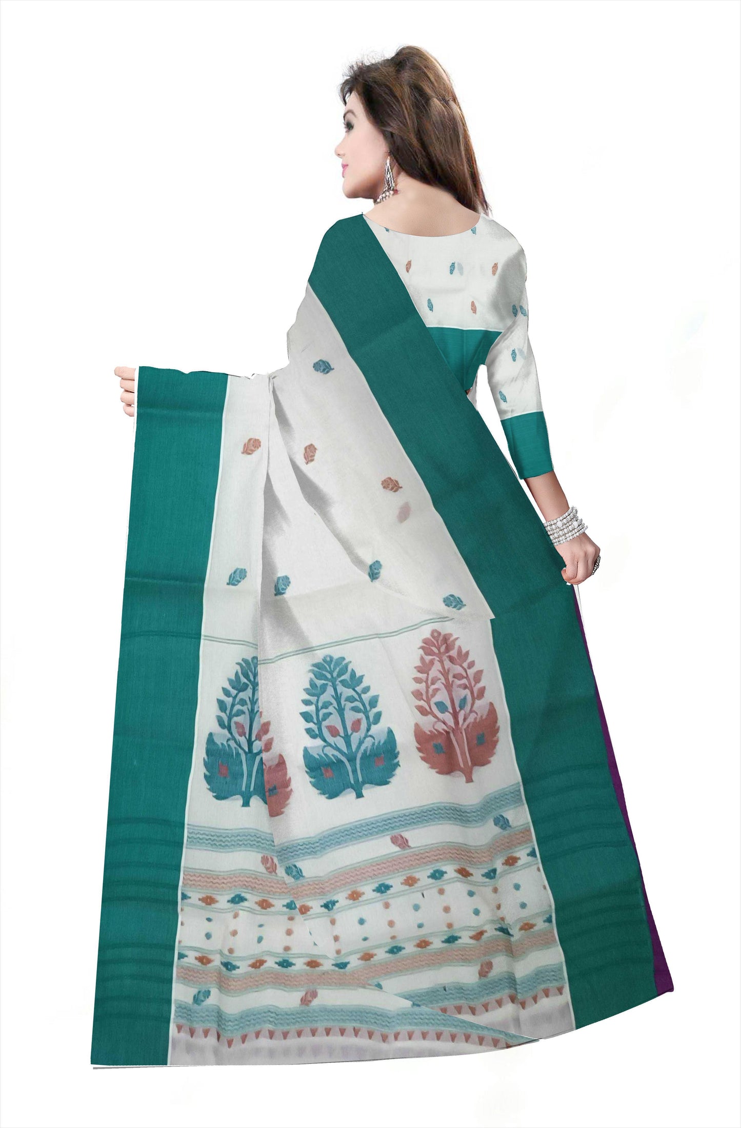 Pradip Fabrics Woven Tant Pure Cotton Saree (white& sea green )