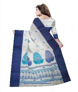 Pradip Fabrics Woven Tant Pure Cotton Saree (white & blue)