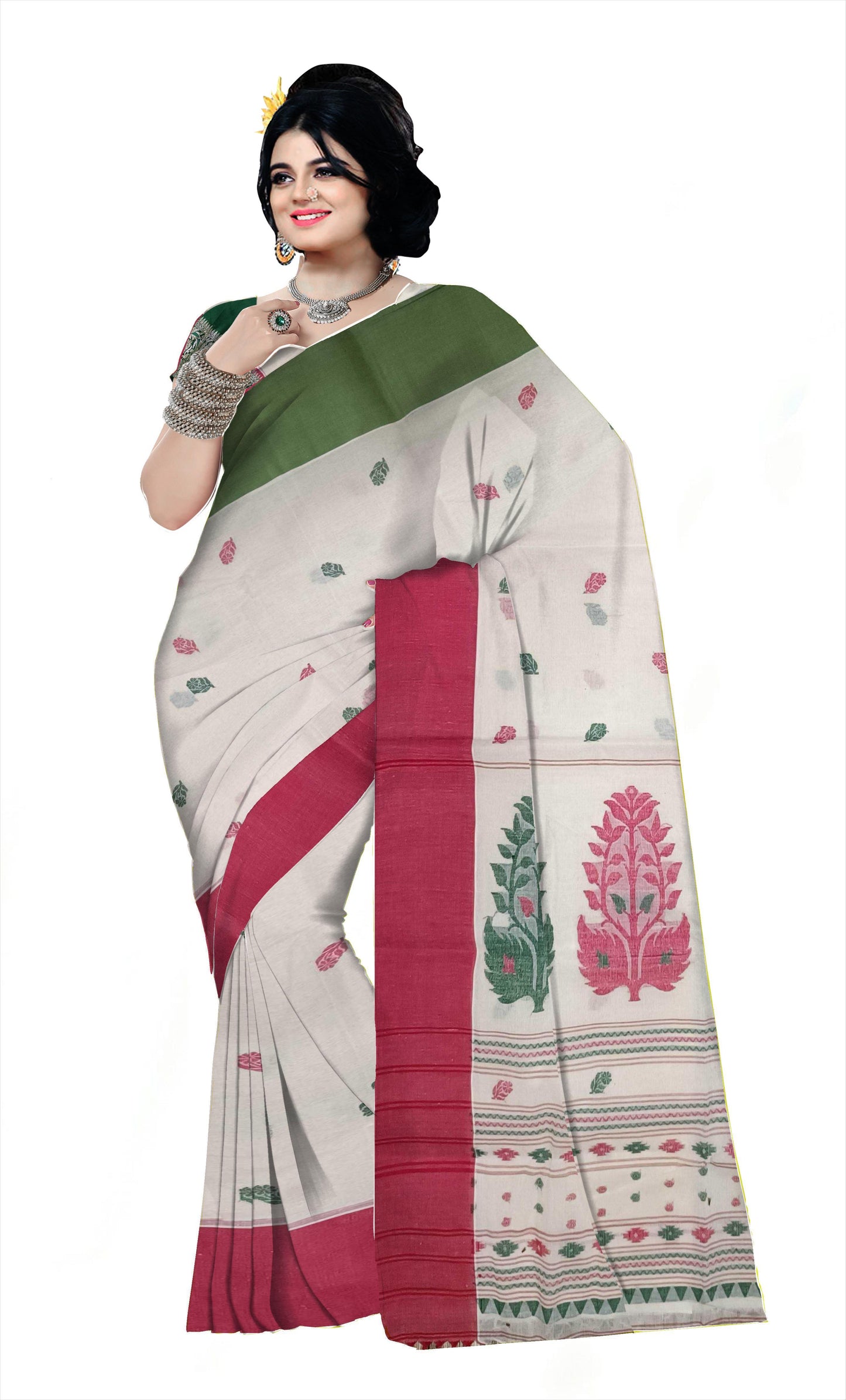 Pradip Fabrics Woven Tant Pure Cotton Saree (Red & green )