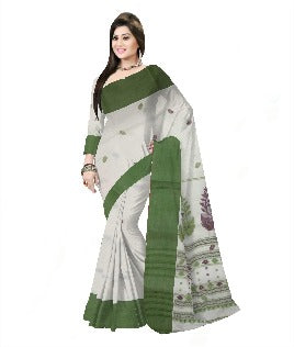 Pradip Fabrics Woven Tant Pure Cotton Saree (white & green )
