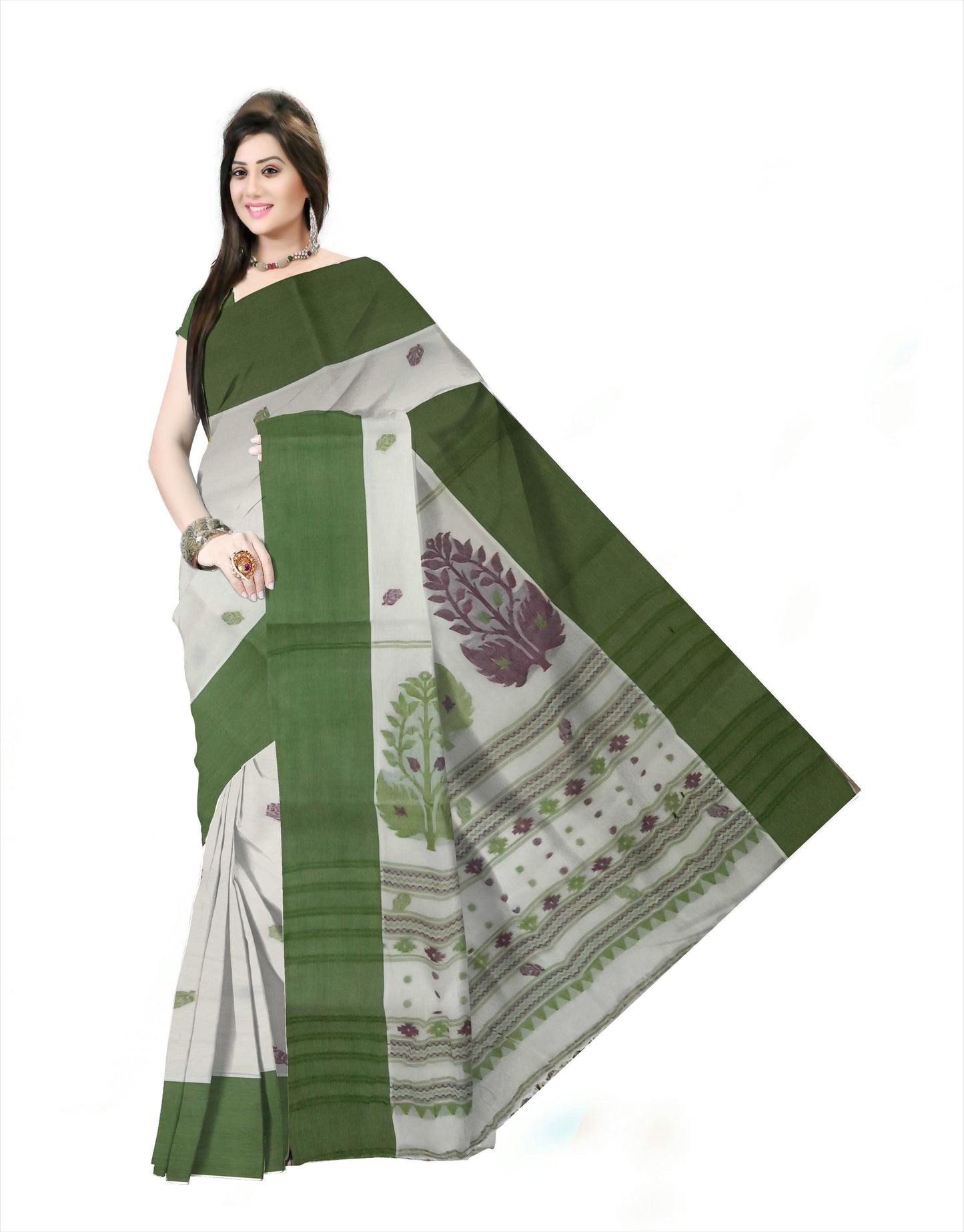 Pradip Fabrics Woven Tant Pure Cotton Saree (white & green )