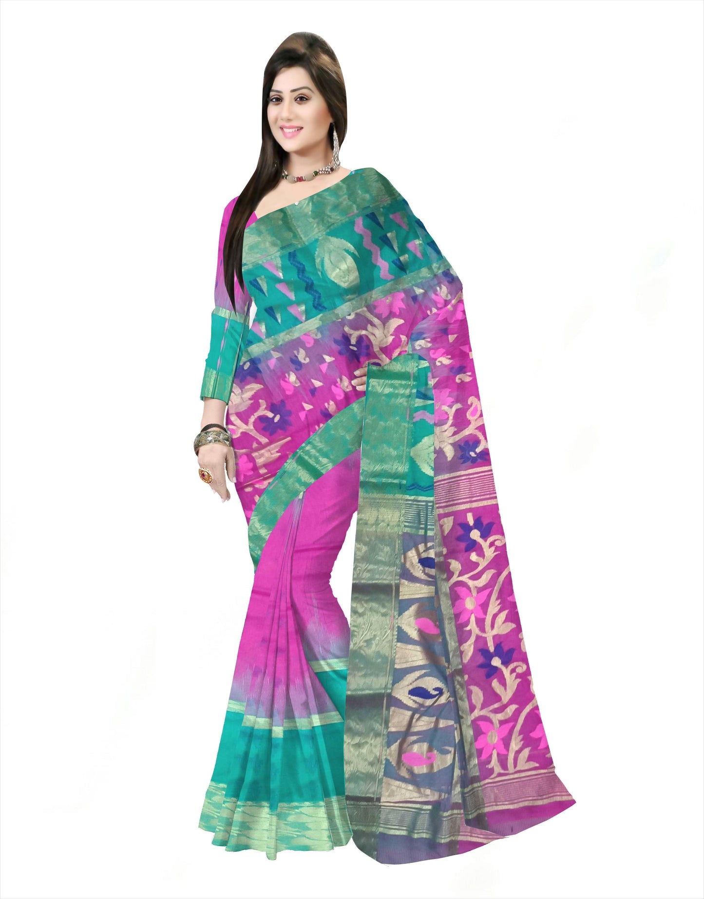 Woven Tant Silk Blend Saree  (green & Pink)