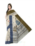 Pradip Fabrics Woven Tant Pure Cotton Saree (white , blue & dark green )