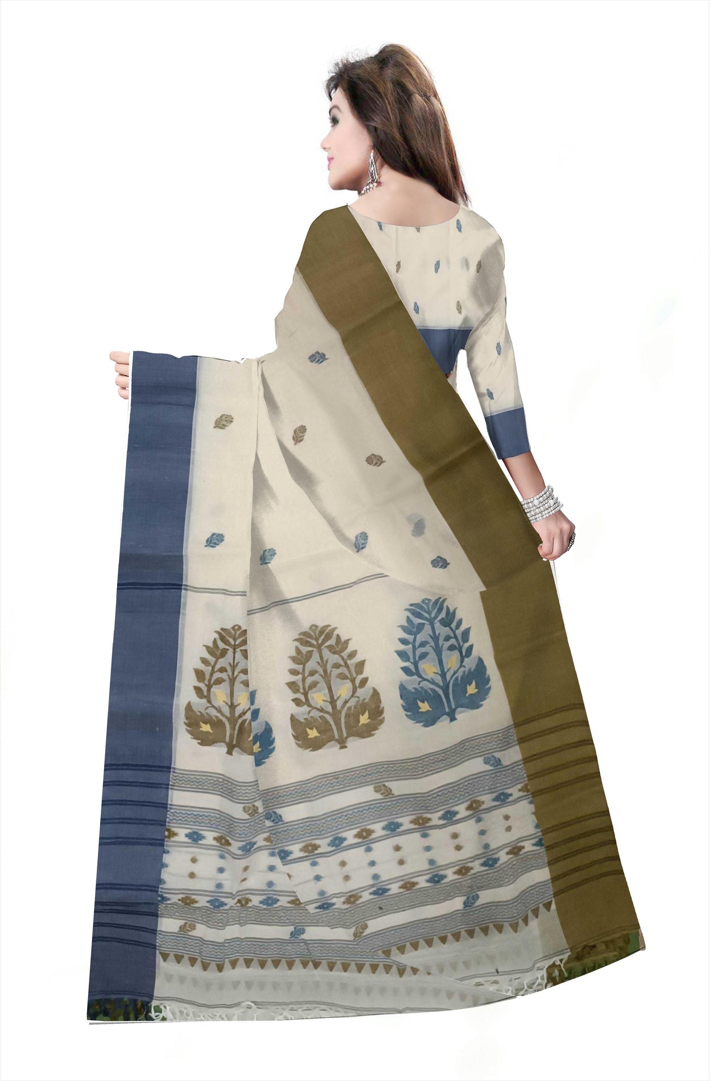 Pradip Fabrics Woven Tant Pure Cotton Saree (Blue & green border)