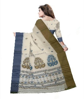 Pradip Fabrics Woven Tant Pure Cotton Saree (white , blue & dark green )