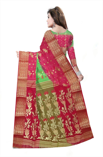 Pradip Fabrics Ethnic Women's Tant Silk green and Red Color Saree