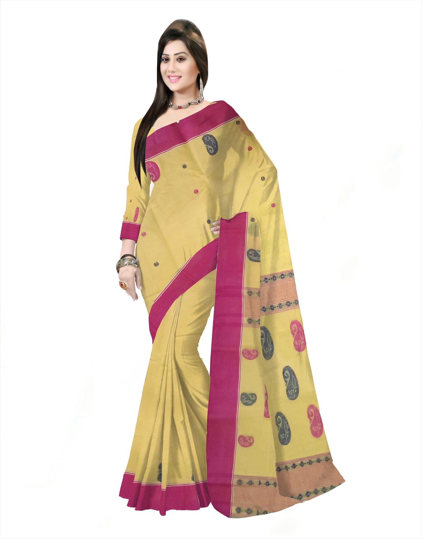 Pradip Fabrics Woven Tant Pure Cotton Saree (Yellow)