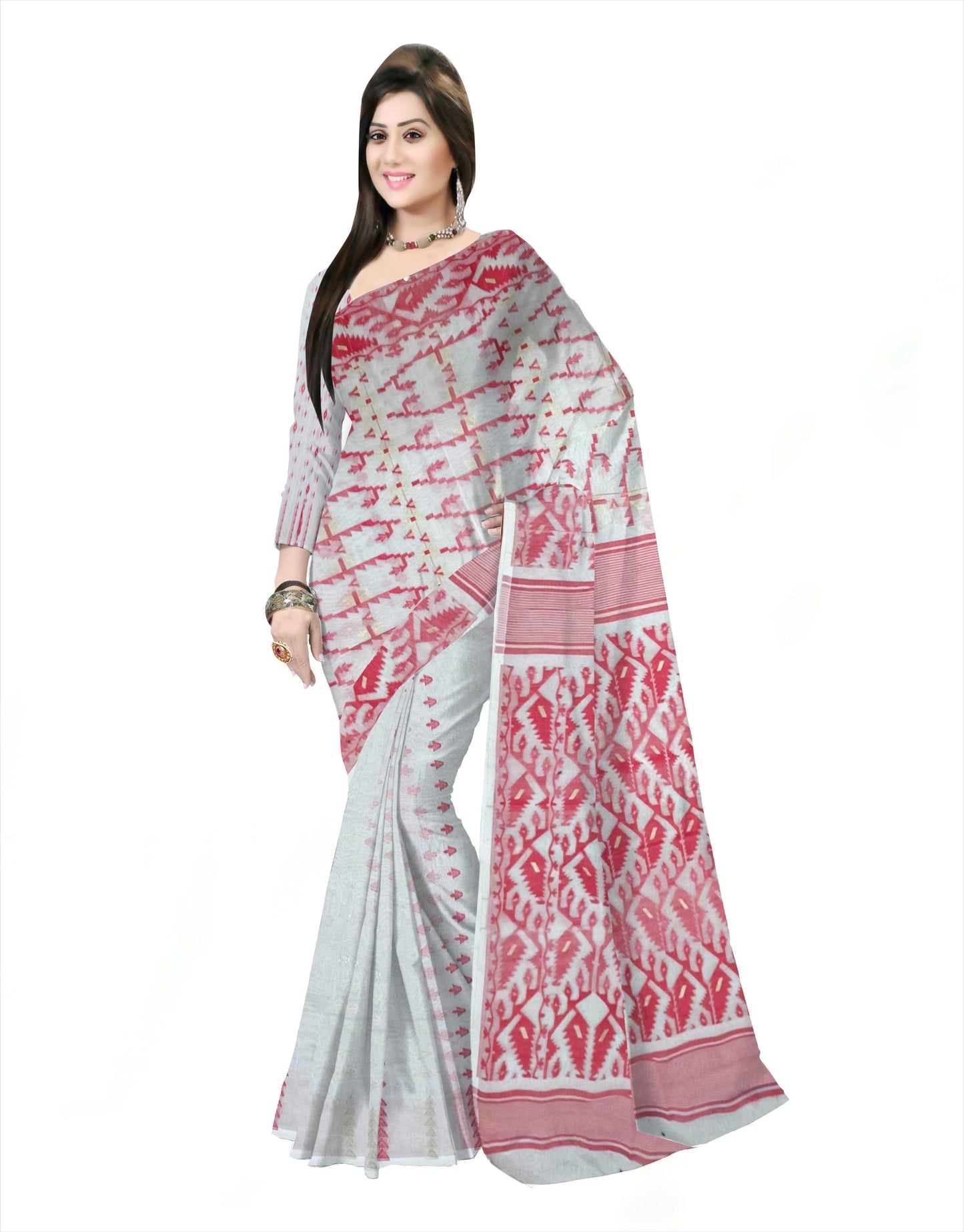 Pradip Fabrics Ethnic Women's Cotton Tant Gap Jamdani Red & white Color Saree