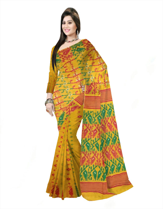 Pradip Fabrics Ethnic Women's Cotton Tant Gap Jamdani Yellow Color Saree