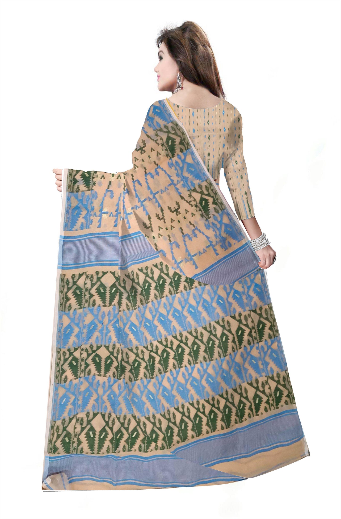 Pradip Fabrics Ethnic Women's Cotton Tant Gap Jamdani  Cream Color Saree