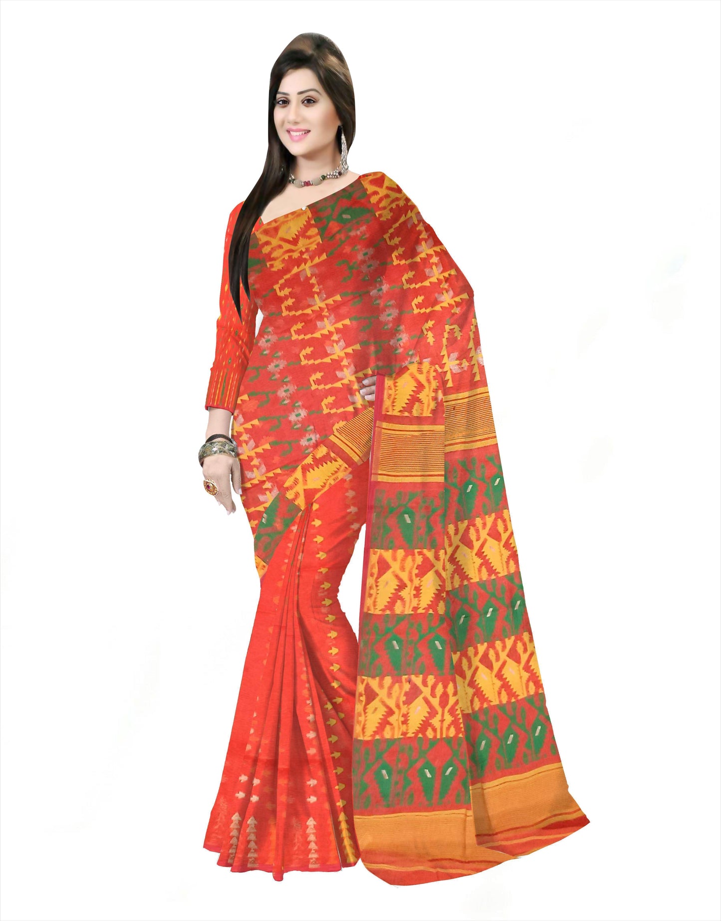 Pradip Fabrics Ethnic Women's Cotton Tant Gap Jamdani Orange Color Saree